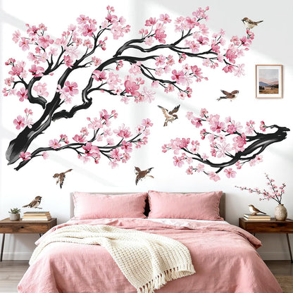 Pink Flowers Wall Decals Tree Branch Birds Wall Stickers (XL)