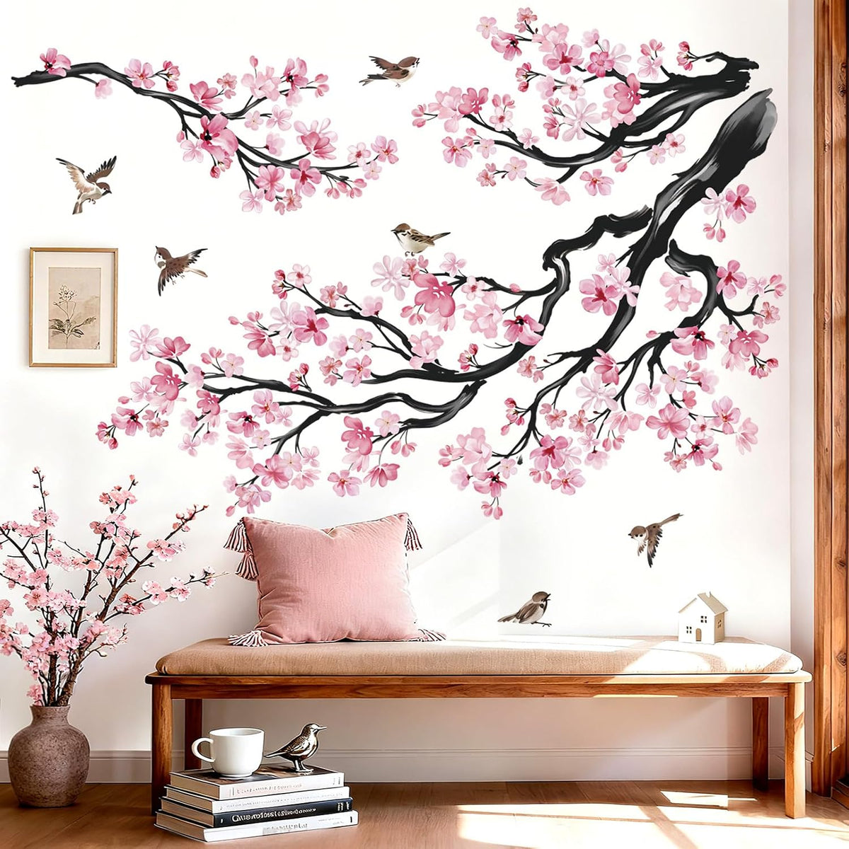 Pink Flowers Wall Decals Tree Branch Birds Wall Stickers (XL)