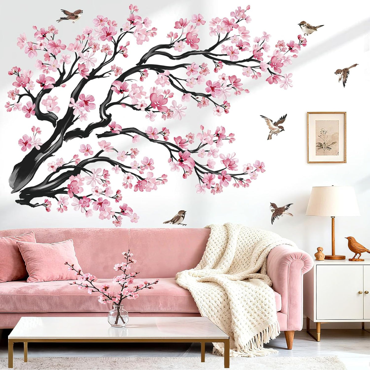Pink Flowers Wall Decals Tree Branch Birds Wall Stickers (XL)