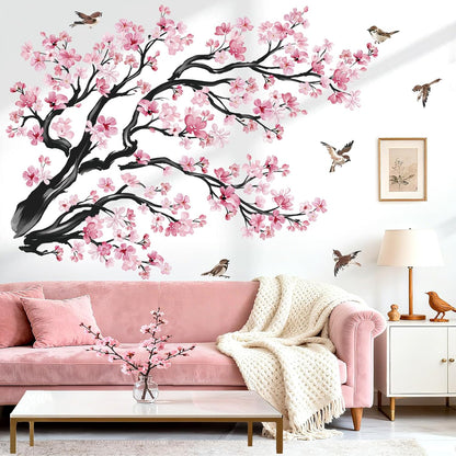 Pink Flowers Wall Decals Tree Branch Birds Wall Stickers (XL)