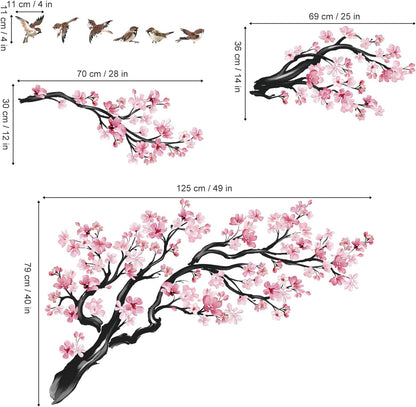 Pink Flowers Wall Decals Tree Branch Birds Wall Stickers (XL)