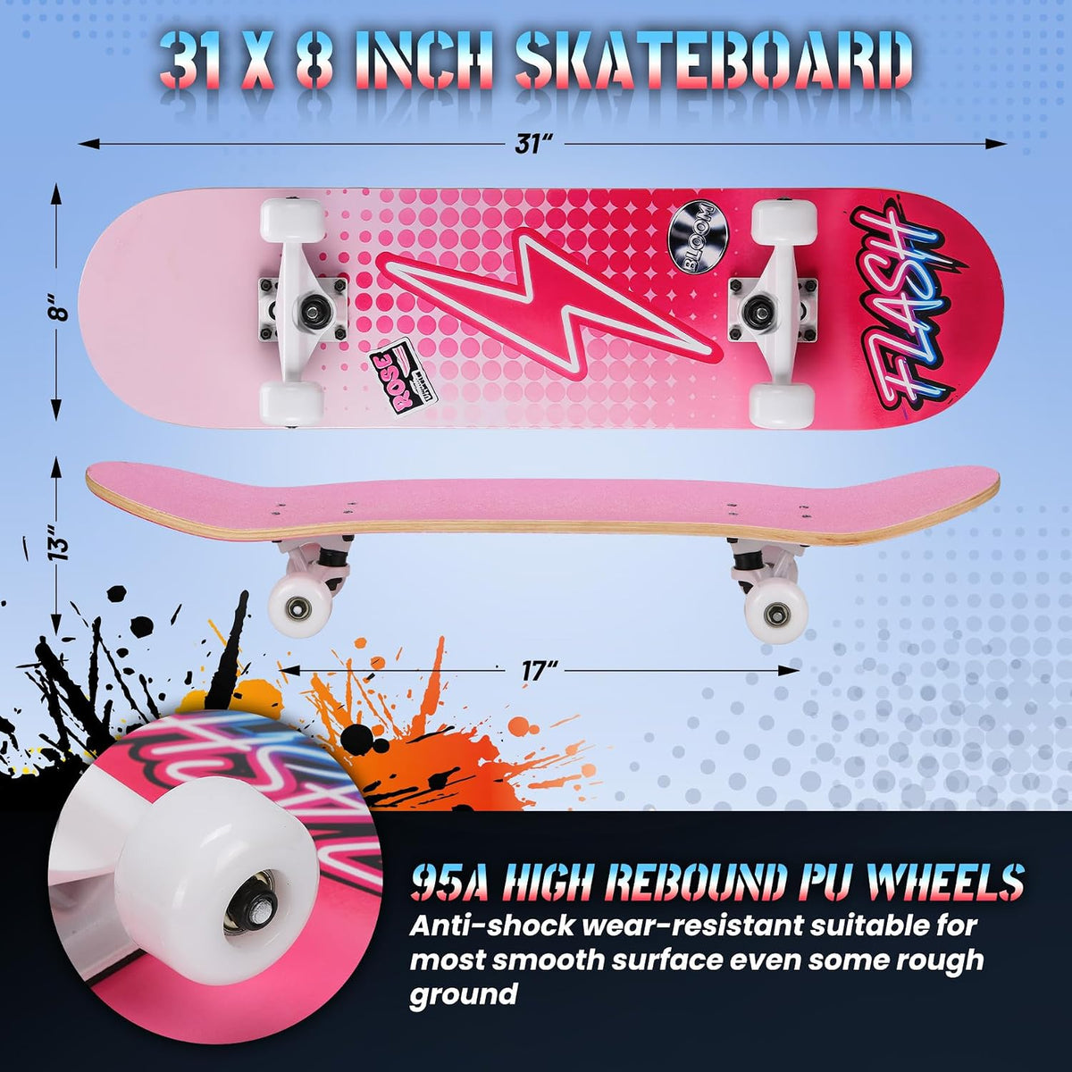 Pro Complete Skateboards for Beginners Girls Boys Kids Youths Teens Adults 31"x8" Skate Boards 7 Layers Canadian Maple Double Kick Deck Concave Longboard