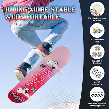 Pro Complete Skateboards for Beginners Girls Boys Kids Youths Teens Adults 31"x8" Skate Boards 7 Layers Canadian Maple Double Kick Deck Concave Longboard