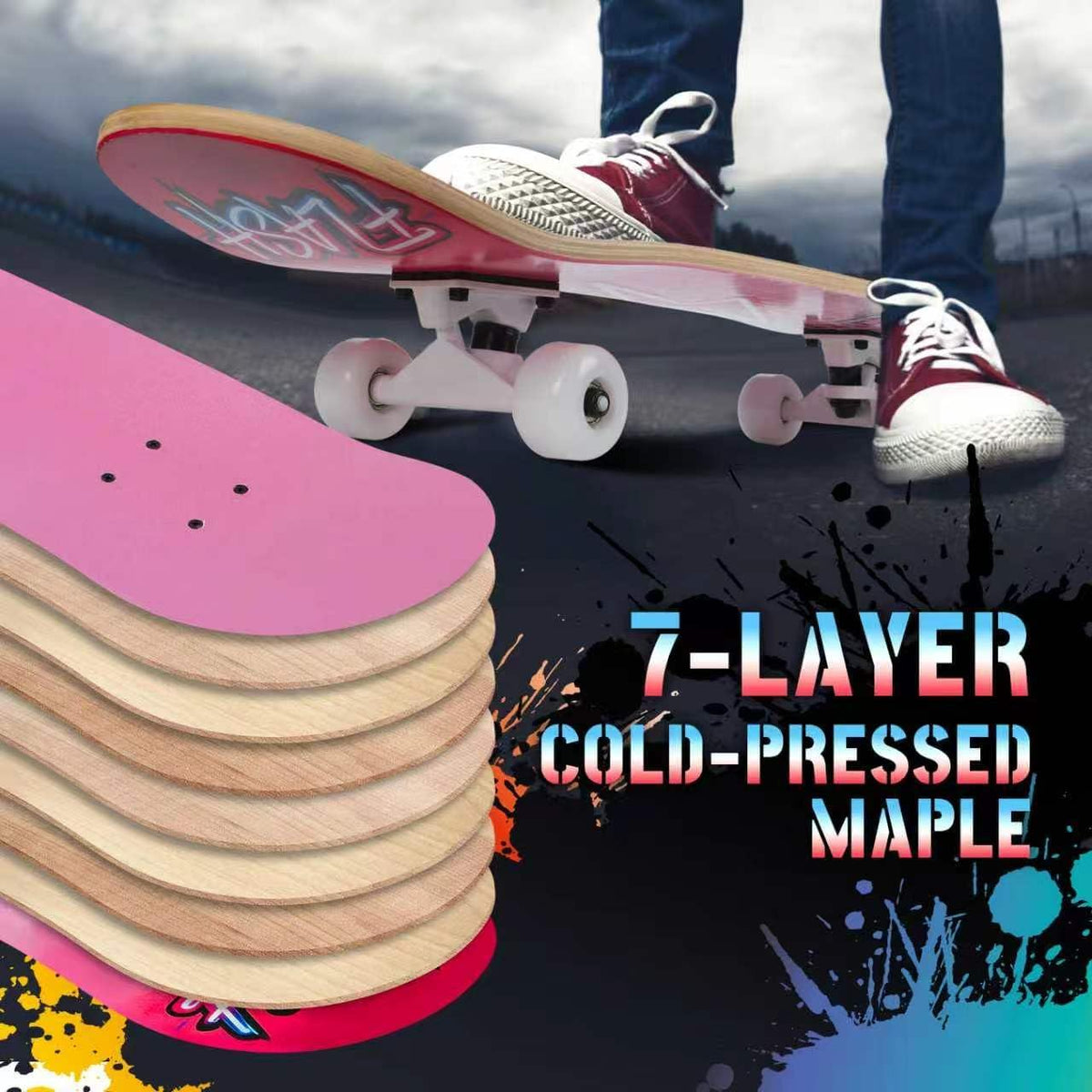 Pro Complete Skateboards for Beginners Girls Boys Kids Youths Teens Adults 31"x8" Skate Boards 7 Layers Canadian Maple Double Kick Deck Concave Longboard