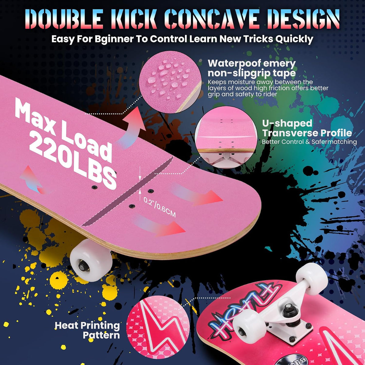 Pro Complete Skateboards for Beginners Girls Boys Kids Youths Teens Adults 31"x8" Skate Boards 7 Layers Canadian Maple Double Kick Deck Concave Longboard