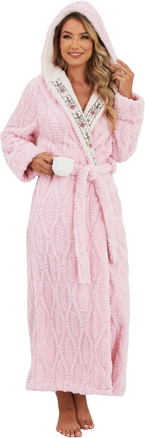 Women Robes Long with Hooded: Plush Flannel Floor Length Bathrobe