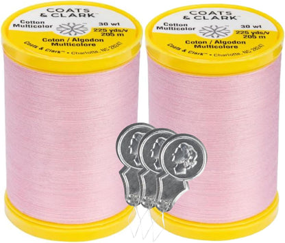 Coats & Clark Cotton All Purpose Sewing Thread 100% Mercerized Cotton 225 Yards Each Spool S970 2 Pack Bundle with 3 Needle Threaders (Light Pink)