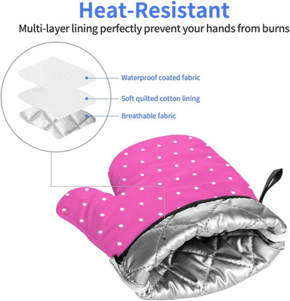 Hot Pink Polka Dot Pattern G Print Oven Mitts for Women, Cute Kitchen aid Oven Mitts Heat Resistant with Cotton Lining