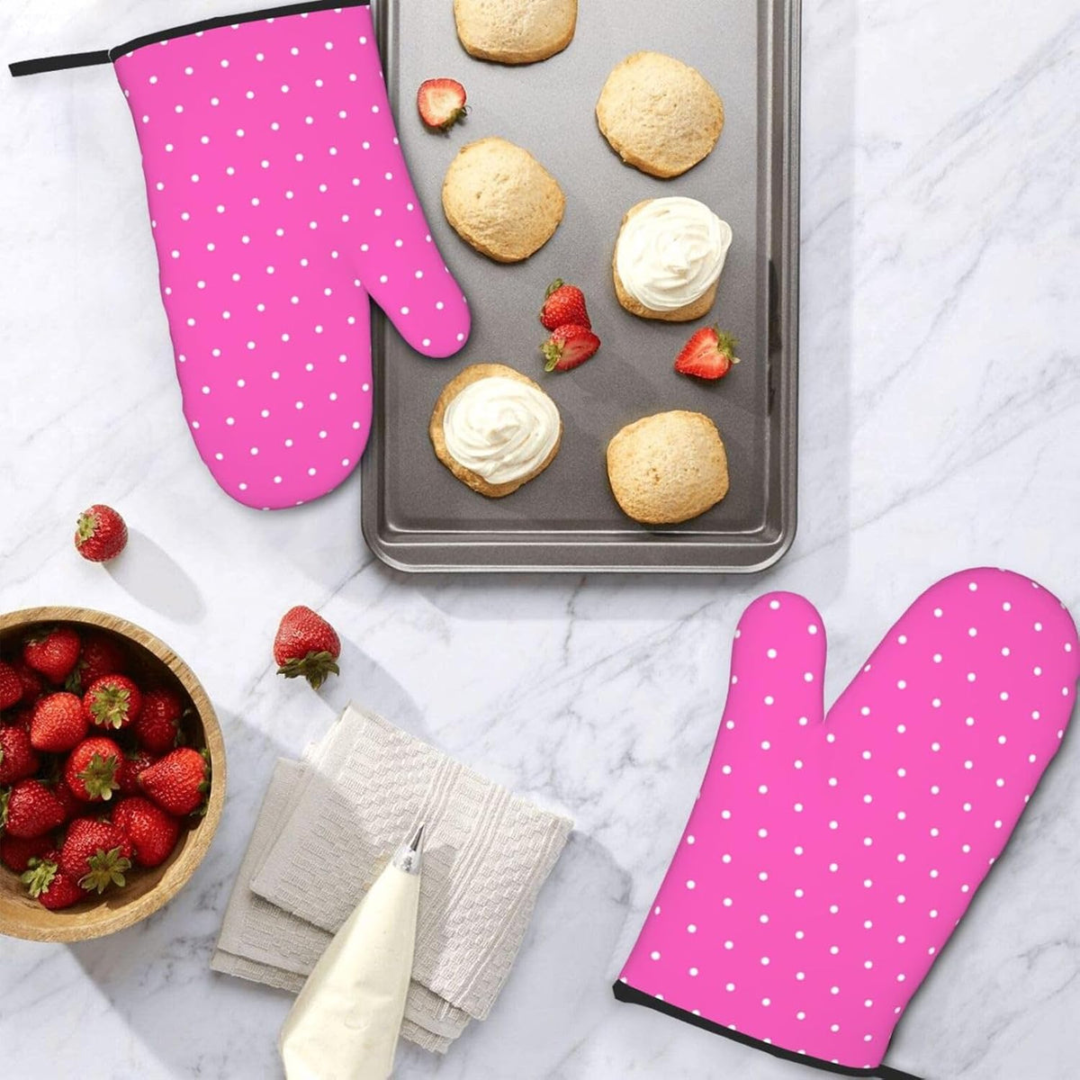 Hot Pink Polka Dot Pattern G Print Oven Mitts for Women, Cute Kitchen aid Oven Mitts Heat Resistant with Cotton Lining