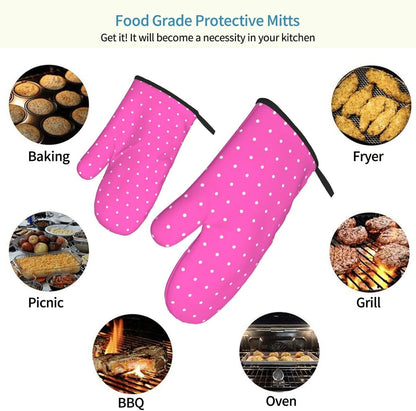 Hot Pink Polka Dot Pattern G Print Oven Mitts for Women, Cute Kitchen aid Oven Mitts Heat Resistant with Cotton Lining