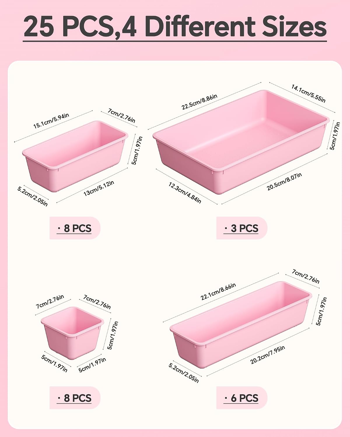 KEMETHY 25 PCS Plastic Drawer Organizers Set, 4 Sizes Vanity Organizer
