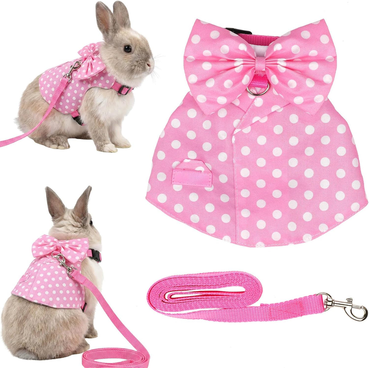 Bunny Harness and Leash Set, Soft Mesh Rabbit Harness with Bow, Adjustable Escape Proof Vest for Small Pets Rabbits Kittens Guinea Pigs (Pink Polka Dots, S)