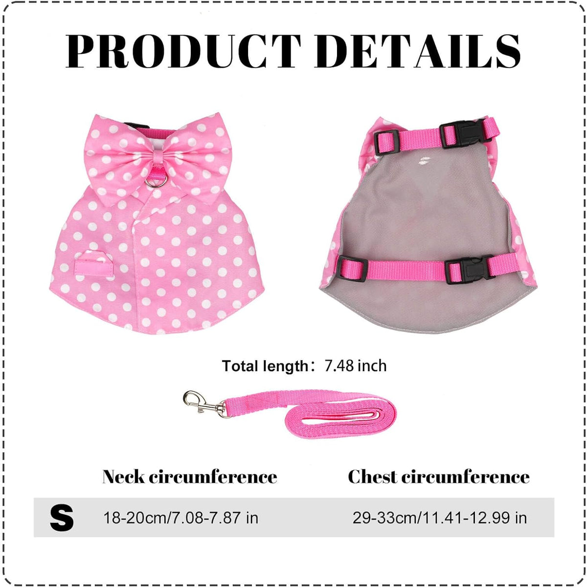 Bunny Harness and Leash Set, Soft Mesh Rabbit Harness with Bow, Adjustable Escape Proof Vest for Small Pets Rabbits Kittens Guinea Pigs (Pink Polka Dots, S)