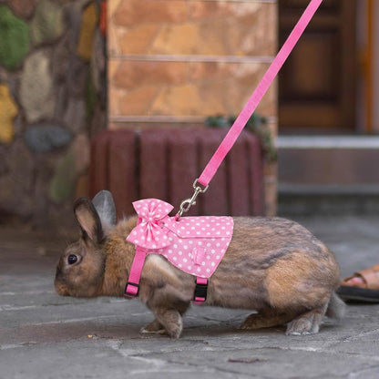 Bunny Harness and Leash Set, Soft Mesh Rabbit Harness with Bow, Adjustable Escape Proof Vest for Small Pets Rabbits Kittens Guinea Pigs (Pink Polka Dots, S)