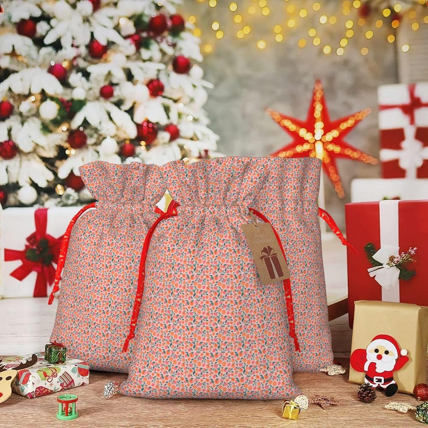 Pink Peach Pattern Seamless Pattern Printing Christmas Drawstring Gift Bags For Holiday Xmas Birthday Party Present Sacks