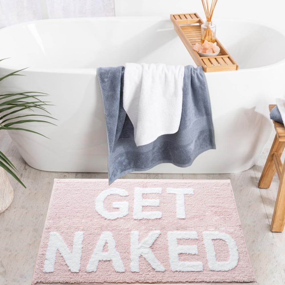 Get Naked Bath Mat Funny Cute Bathroom Rugs Get Naked Rug Shower Funny Bathroom Decor Fun Cute Bath Mat Non-Slip Washable College Light Pink White 17x24