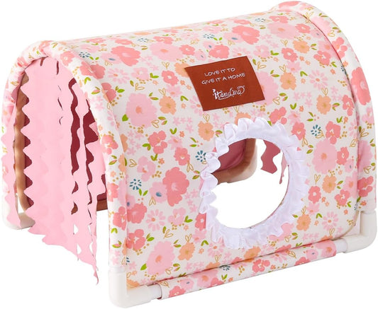 Guinea Pig Hideout No Bottom Guinea Pig Bed Easy to Clean Rabbit Hideout Bunny Beds - Small Animal Indoor Habitat for Chinchilla Ferret Hedgehog Flower-Branch Mouse (Pink Flower)