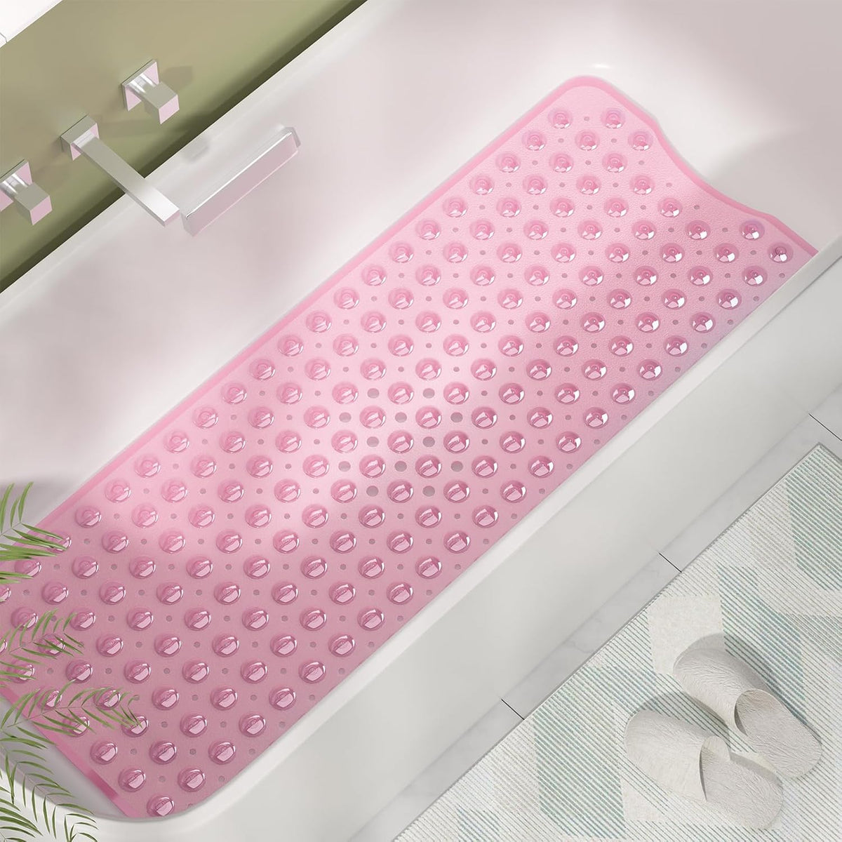 Shower Mat Non Slip 40 x 16 Inches, Shower Stall Mats with Suction Cups and Drain Holes, Non Slip Bath Mat for Tub for Elderly & Kids, Clear Pink