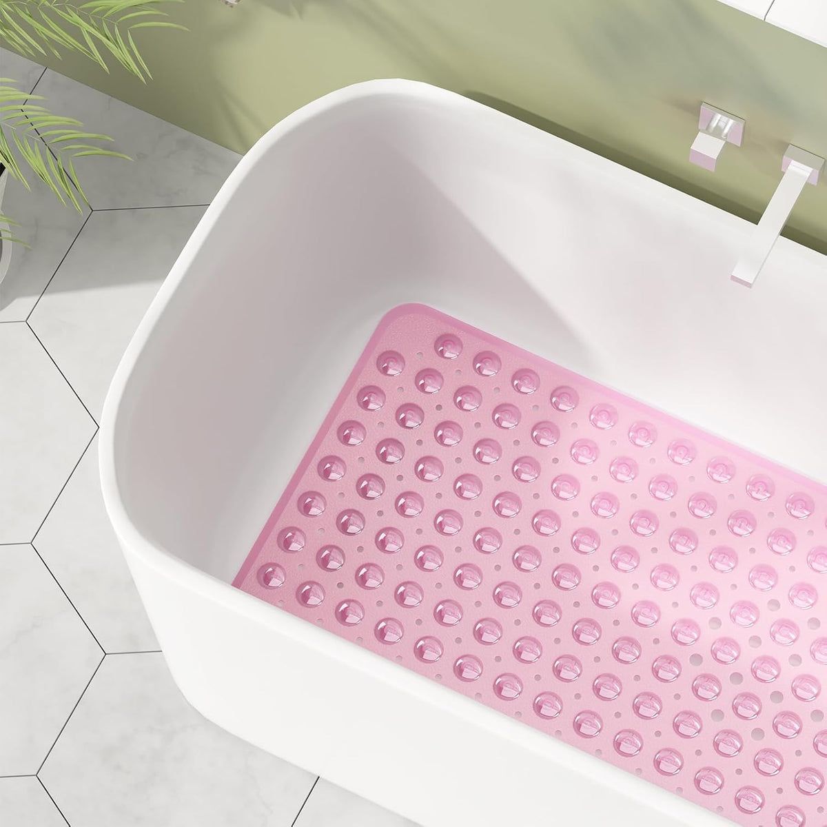 Shower Mat Non Slip 40 x 16 Inches, Shower Stall Mats with Suction Cups and Drain Holes, Non Slip Bath Mat for Tub for Elderly & Kids, Clear Pink