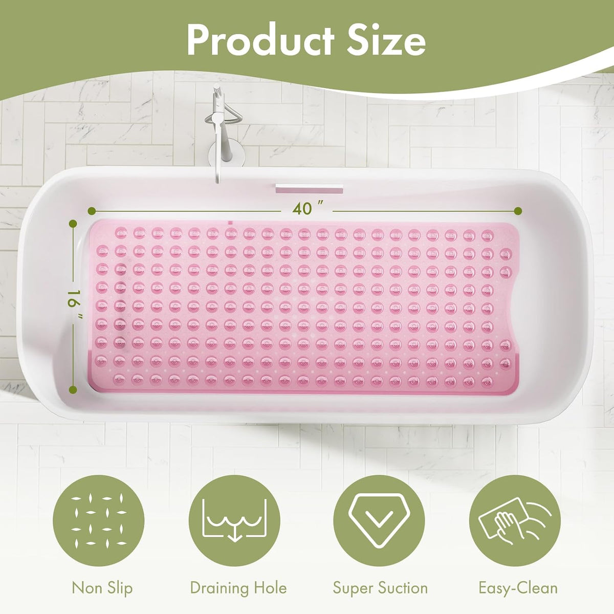 Shower Mat Non Slip 40 x 16 Inches, Shower Stall Mats with Suction Cups and Drain Holes, Non Slip Bath Mat for Tub for Elderly & Kids, Clear Pink