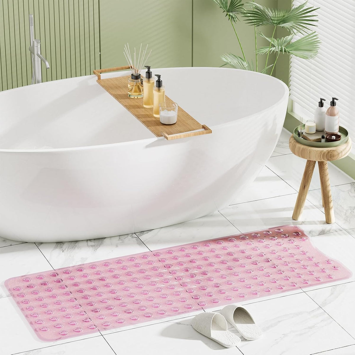 Shower Mat Non Slip 40 x 16 Inches, Shower Stall Mats with Suction Cups and Drain Holes, Non Slip Bath Mat for Tub for Elderly & Kids, Clear Pink