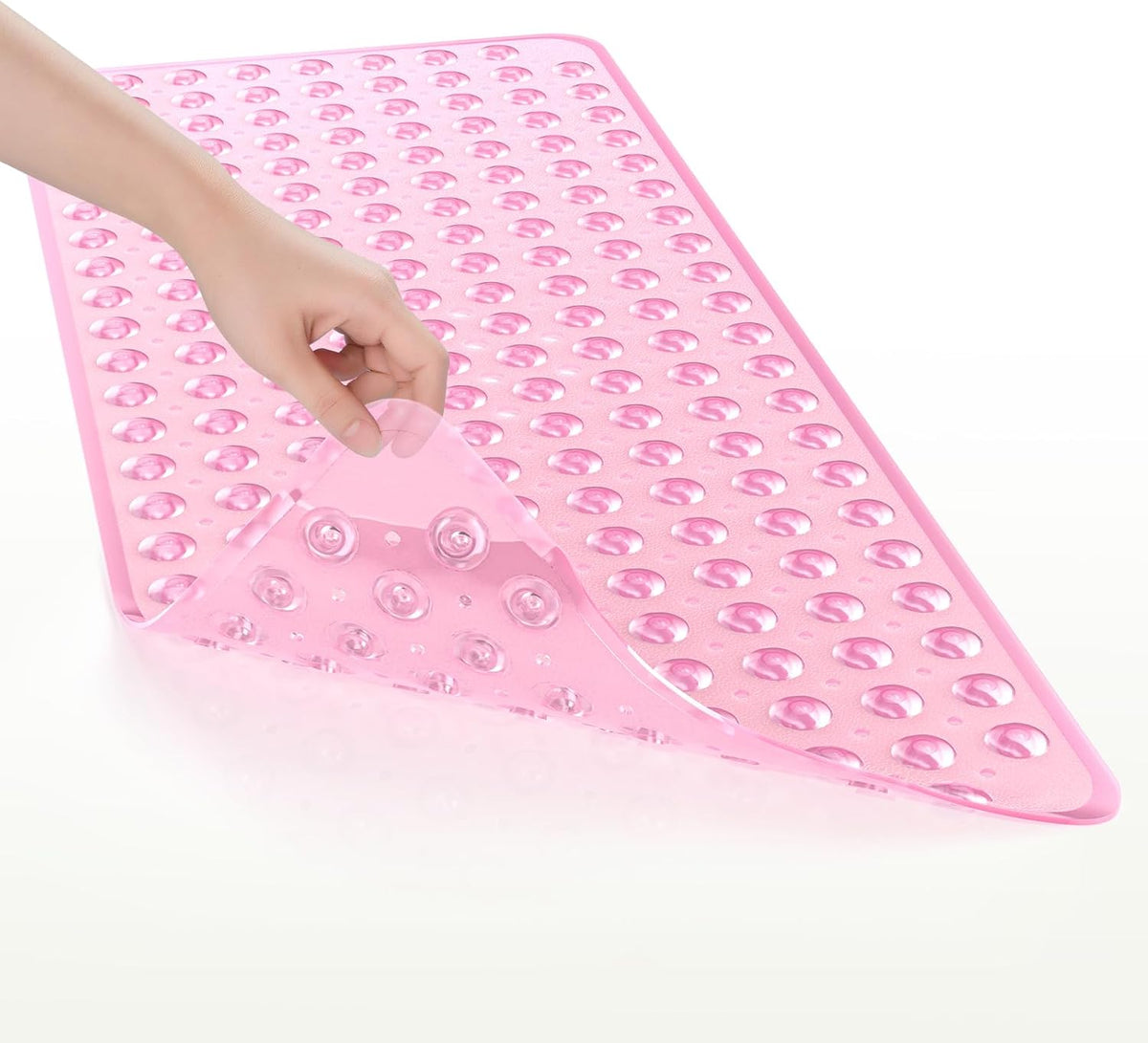 Shower Mat Non Slip 40 x 16 Inches, Shower Stall Mats with Suction Cups and Drain Holes, Non Slip Bath Mat for Tub for Elderly & Kids, Clear Pink