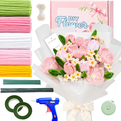 DIY Pipe Cleaner Flower Kit, 500Pcs Pipe Cleaners Craft with Floral Wire & Tape, Flower Making kit for DIY Flowers & Crafts, Creative Arts and Crafts Gift for Adults (Pink)