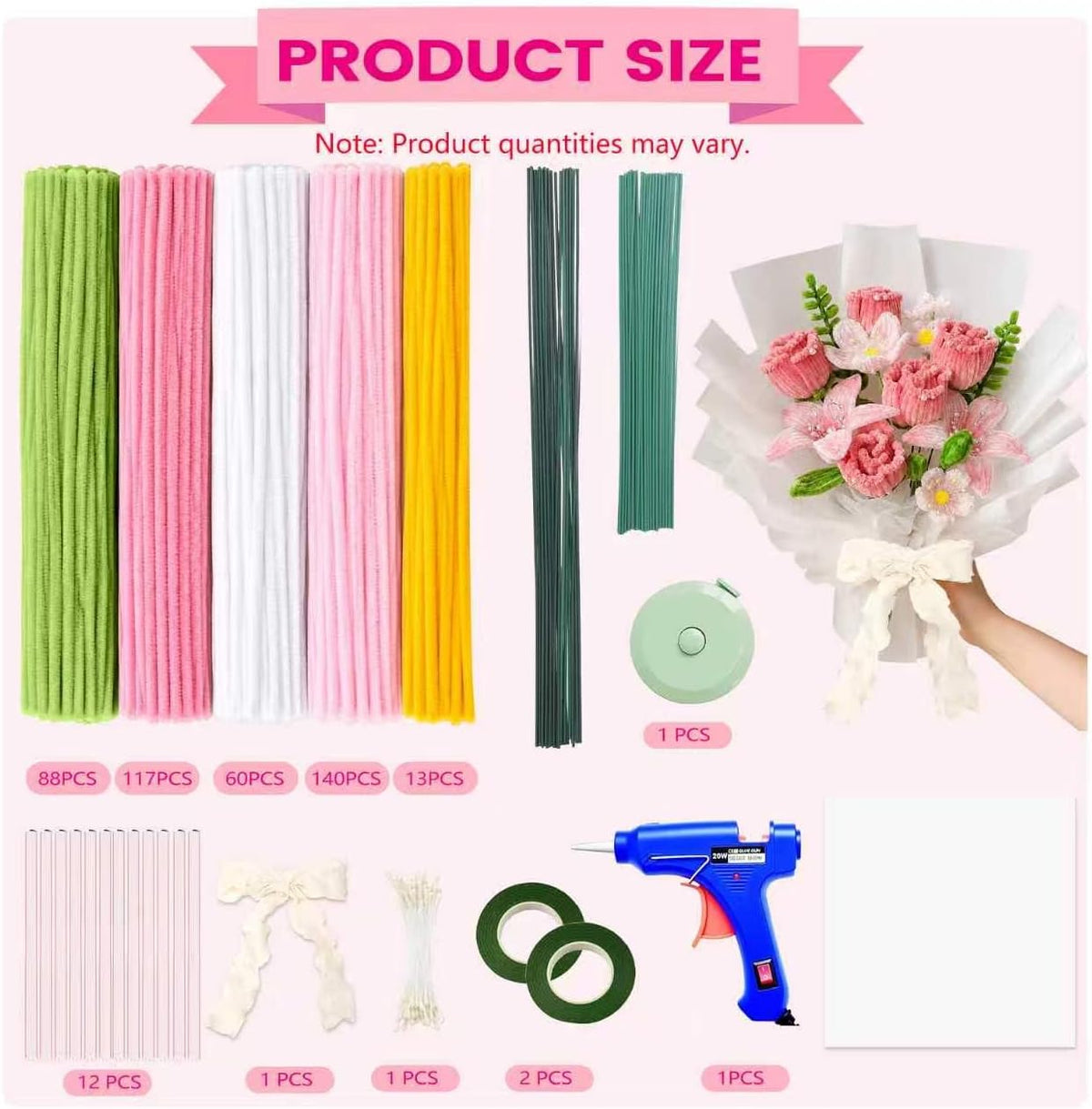 DIY Pipe Cleaner Flower Kit, 500Pcs Pipe Cleaners Craft with Floral Wire & Tape, Flower Making kit for DIY Flowers & Crafts, Creative Arts and Crafts Gift for Adults (Pink)
