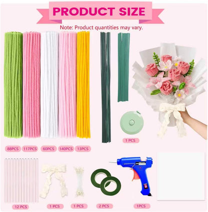 DIY Pipe Cleaner Flower Kit, 500Pcs Pipe Cleaners Craft with Floral Wire & Tape, Flower Making kit for DIY Flowers & Crafts, Creative Arts and Crafts Gift for Adults (Pink)