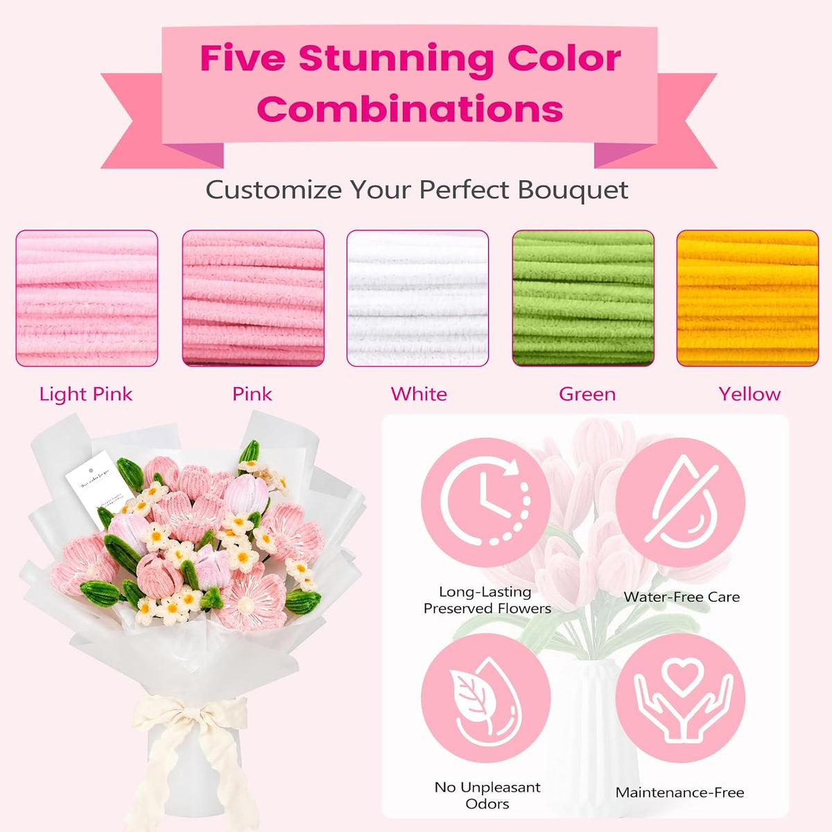 DIY Pipe Cleaner Flower Kit, 500Pcs Pipe Cleaners Craft with Floral Wire & Tape, Flower Making kit for DIY Flowers & Crafts, Creative Arts and Crafts Gift for Adults (Pink)