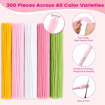 DIY Pipe Cleaner Flower Kit, 500Pcs Pipe Cleaners Craft with Floral Wire & Tape, Flower Making kit for DIY Flowers & Crafts, Creative Arts and Crafts Gift for Adults (Pink)