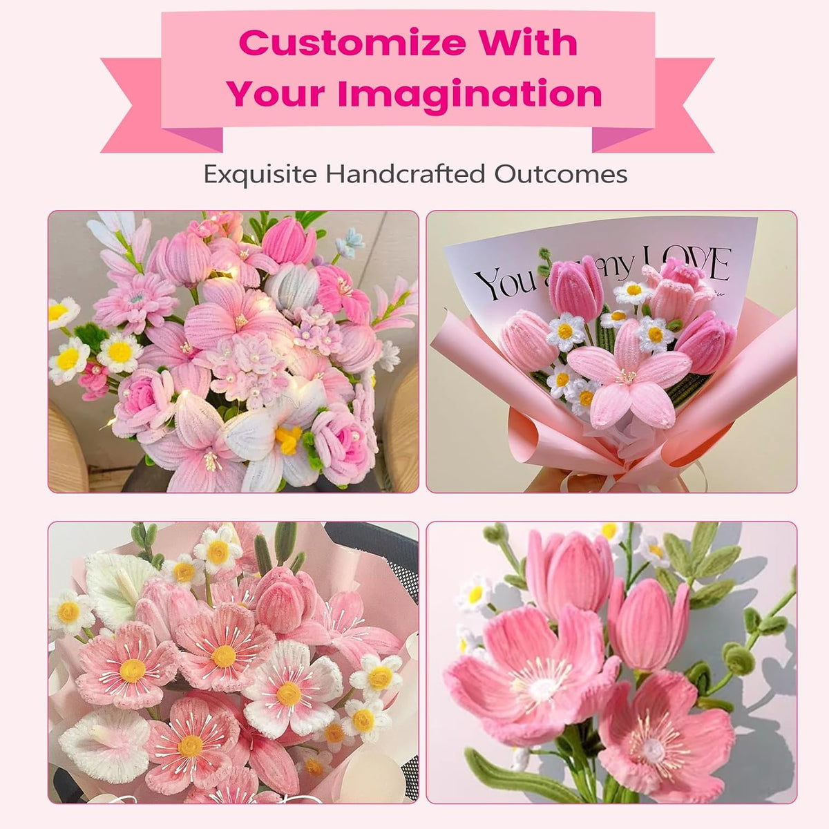 DIY Pipe Cleaner Flower Kit, 500Pcs Pipe Cleaners Craft with Floral Wire & Tape, Flower Making kit for DIY Flowers & Crafts, Creative Arts and Crafts Gift for Adults (Pink)