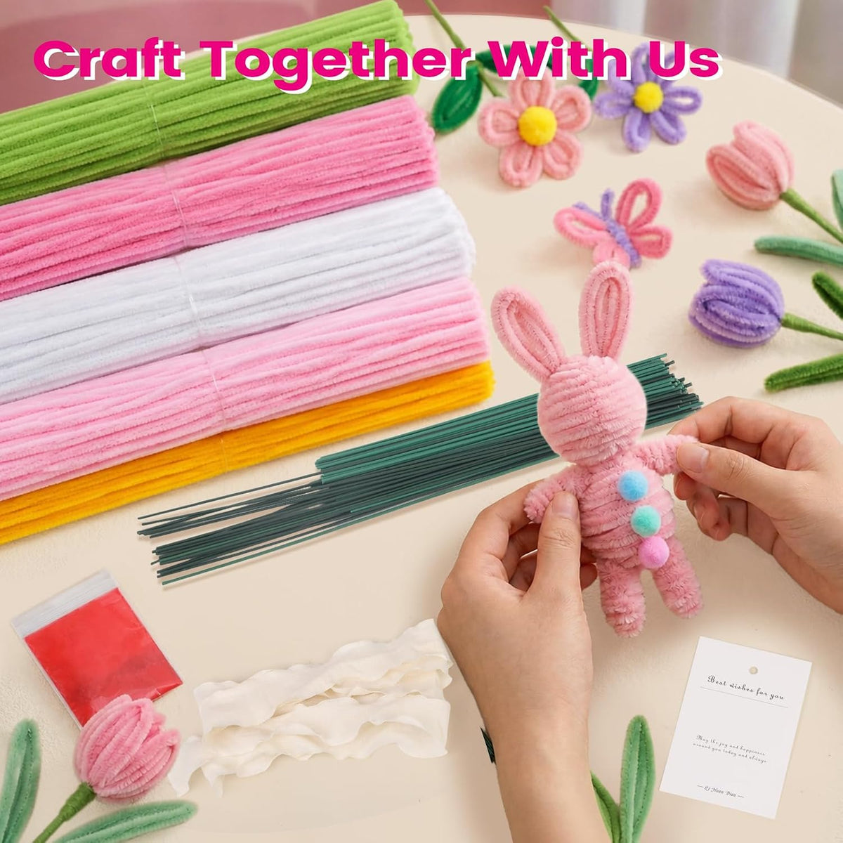 DIY Pipe Cleaner Flower Kit, 500Pcs Pipe Cleaners Craft with Floral Wire & Tape, Flower Making kit for DIY Flowers & Crafts, Creative Arts and Crafts Gift for Adults (Pink)