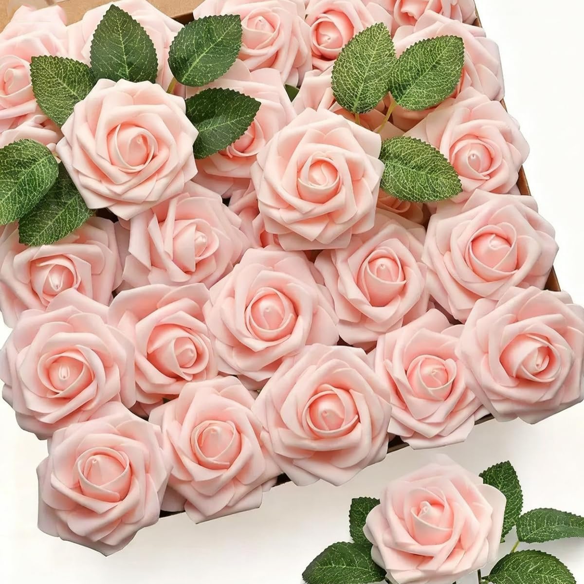 Artificial Flowers 25pcs Fake Flowers Ivory Rose with Stems Real Looking Foam Roses for DIY White Rose Wedding Bouquets Bridal Shower Centerpieces Arrangements Party Tables Decorations (25, Peach)