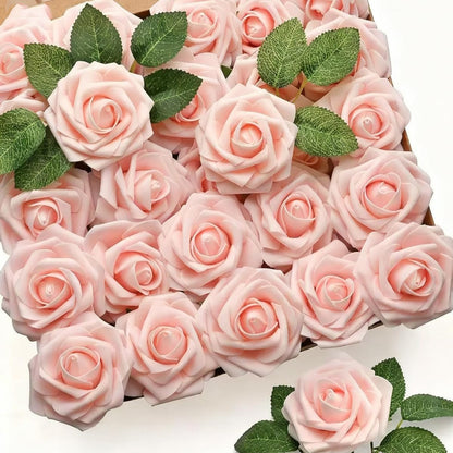 Artificial Flowers 25pcs Fake Flowers Ivory Rose with Stems Real Looking Foam Roses for DIY White Rose Wedding Bouquets Bridal Shower Centerpieces Arrangements Party Tables Decorations (25, Peach)