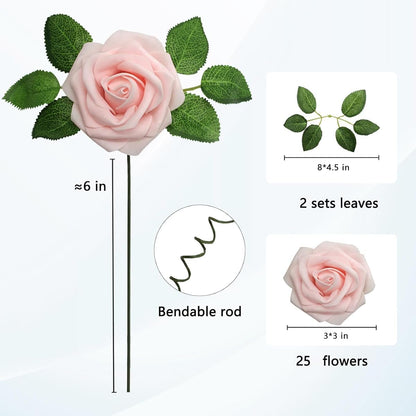 Artificial Flowers 25pcs Fake Flowers Ivory Rose with Stems Real Looking Foam Roses for DIY White Rose Wedding Bouquets Bridal Shower Centerpieces Arrangements Party Tables Decorations (25, Peach)