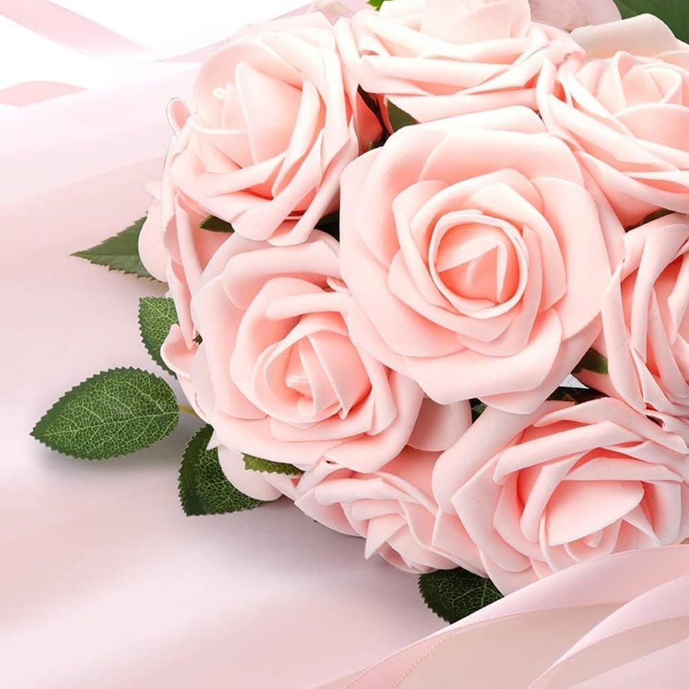Artificial Flowers 25pcs Fake Flowers Ivory Rose with Stems Real Looking Foam Roses for DIY White Rose Wedding Bouquets Bridal Shower Centerpieces Arrangements Party Tables Decorations (25, Peach)