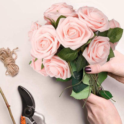 Artificial Flowers 25pcs Fake Flowers Ivory Rose with Stems Real Looking Foam Roses for DIY White Rose Wedding Bouquets Bridal Shower Centerpieces Arrangements Party Tables Decorations (25, Peach)