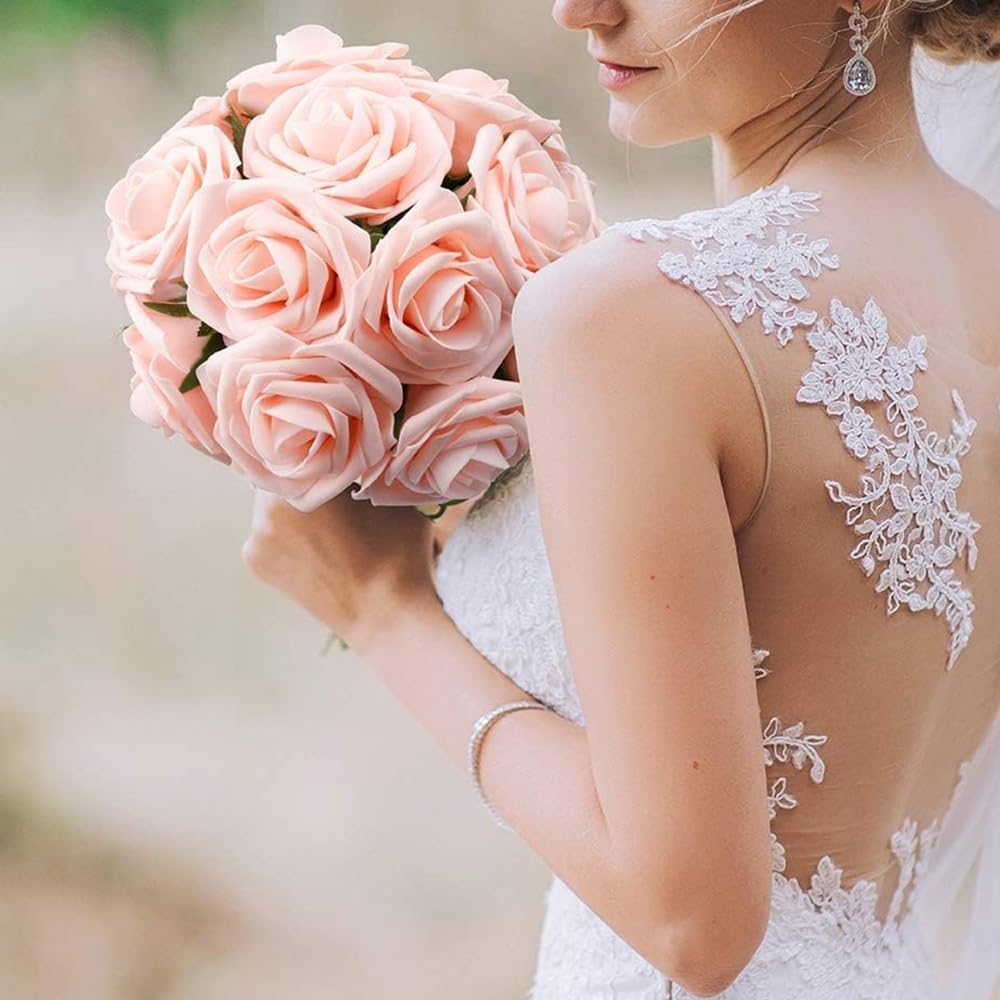 Artificial Flowers 25pcs Fake Flowers Ivory Rose with Stems Real Looking Foam Roses for DIY White Rose Wedding Bouquets Bridal Shower Centerpieces Arrangements Party Tables Decorations (25, Peach)