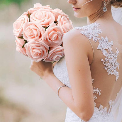 Artificial Flowers 25pcs Fake Flowers Ivory Rose with Stems Real Looking Foam Roses for DIY White Rose Wedding Bouquets Bridal Shower Centerpieces Arrangements Party Tables Decorations (25, Peach)