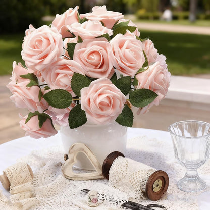 Artificial Flowers 25pcs Fake Flowers Ivory Rose with Stems Real Looking Foam Roses for DIY White Rose Wedding Bouquets Bridal Shower Centerpieces Arrangements Party Tables Decorations (25, Peach)