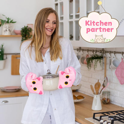 Pink Oven Mitts,Cat Design Cooking Glove