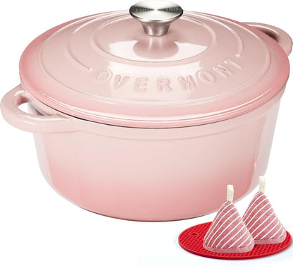 Enameled Cast Iron Dutch Oven - 5.5QT Pot with Lid Cookbook & Cotton Potholders - Heavy-Duty Cookware for Braising, Stews, Roasting, Sourdough Baking pink