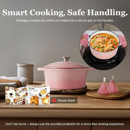 Enameled Cast Iron Dutch Oven - 5.5QT Pot with Lid Cookbook & Cotton Potholders - Heavy-Duty Cookware for Braising, Stews, Roasting, Sourdough Baking pink