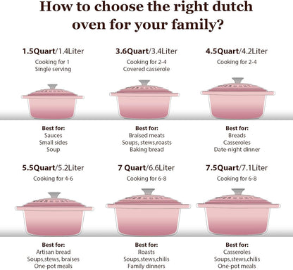 Enameled Cast Iron Dutch Oven - 5.5QT Pot with Lid Cookbook & Cotton Potholders - Heavy-Duty Cookware for Braising, Stews, Roasting, Sourdough Baking pink