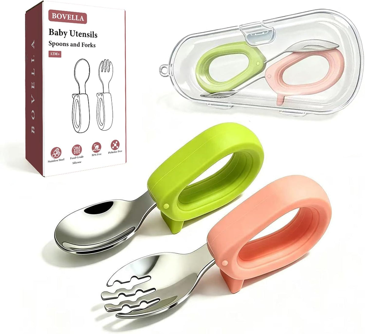 Toddler Utensils, Stainless Steel Baby Forks and Spoons Set with Silicone Handle, Kids Silverware with Portable Storage Case, Baby Feeding Essentials, Dishwasher Safe (Green+Pink)