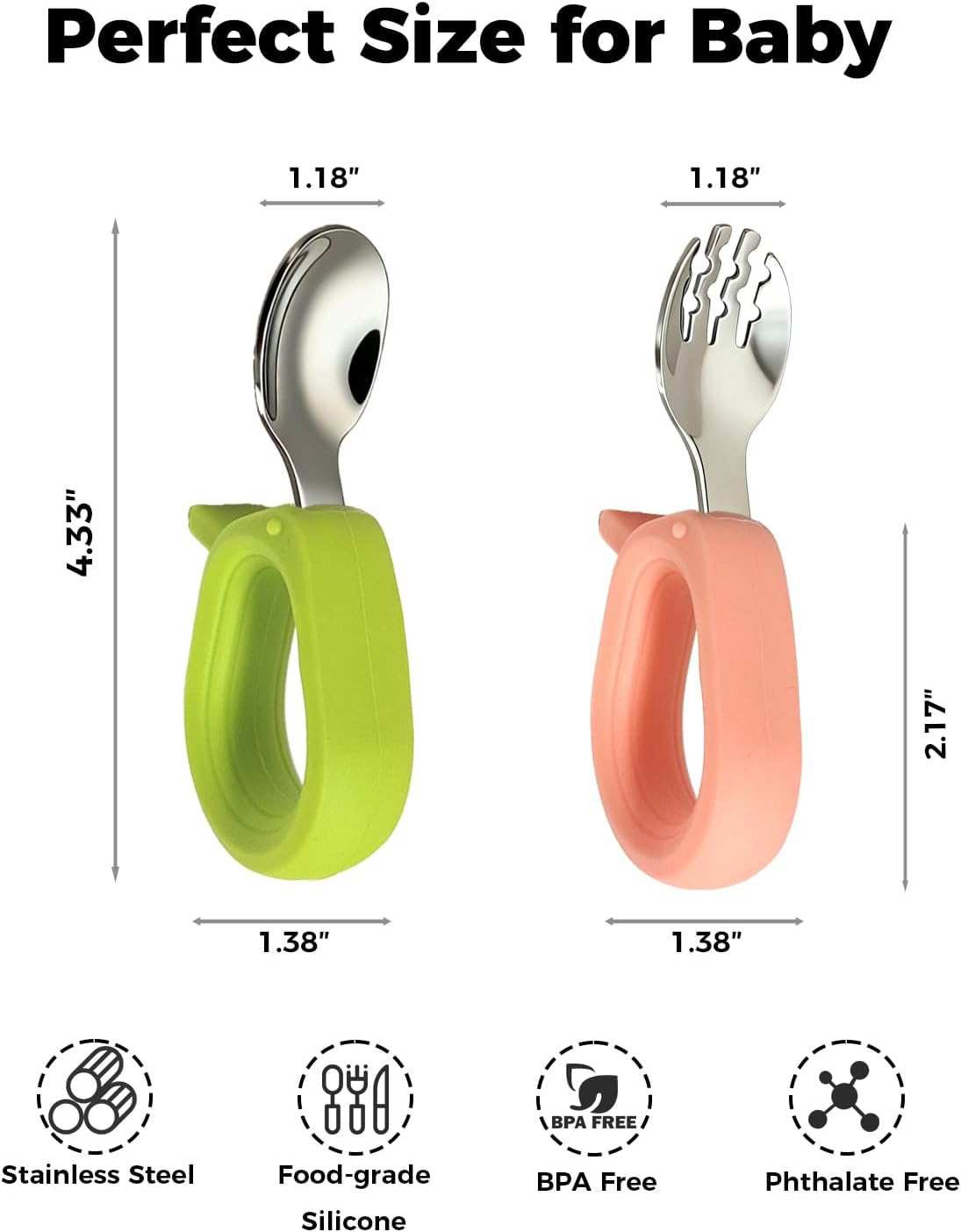 Toddler Utensils, Stainless Steel Baby Forks and Spoons Set with Silicone Handle, Kids Silverware with Portable Storage Case, Baby Feeding Essentials, Dishwasher Safe (Green+Pink)