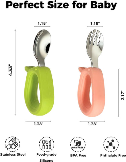 Toddler Utensils, Stainless Steel Baby Forks and Spoons Set with Silicone Handle, Kids Silverware with Portable Storage Case, Baby Feeding Essentials, Dishwasher Safe (Green+Pink)