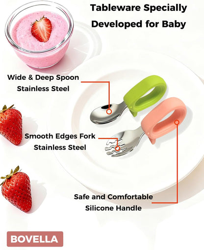 Toddler Utensils, Stainless Steel Baby Forks and Spoons Set with Silicone Handle, Kids Silverware with Portable Storage Case, Baby Feeding Essentials, Dishwasher Safe (Green+Pink)