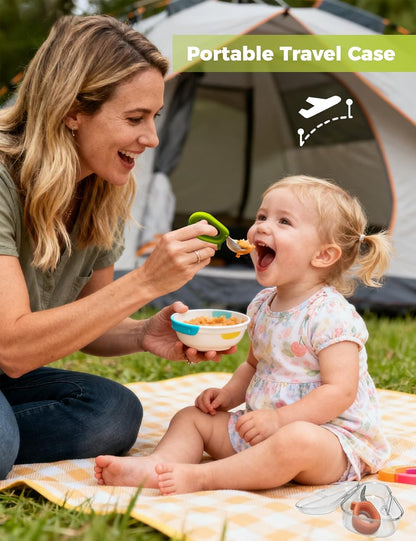 Toddler Utensils, Stainless Steel Baby Forks and Spoons Set with Silicone Handle, Kids Silverware with Portable Storage Case, Baby Feeding Essentials, Dishwasher Safe (Green+Pink)